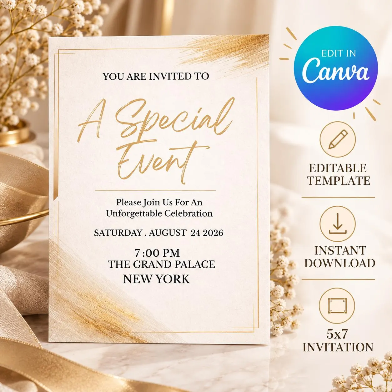 Elegant Gold Event Invitation Template, Birthday Anniversary Party Invite (Digital Download)