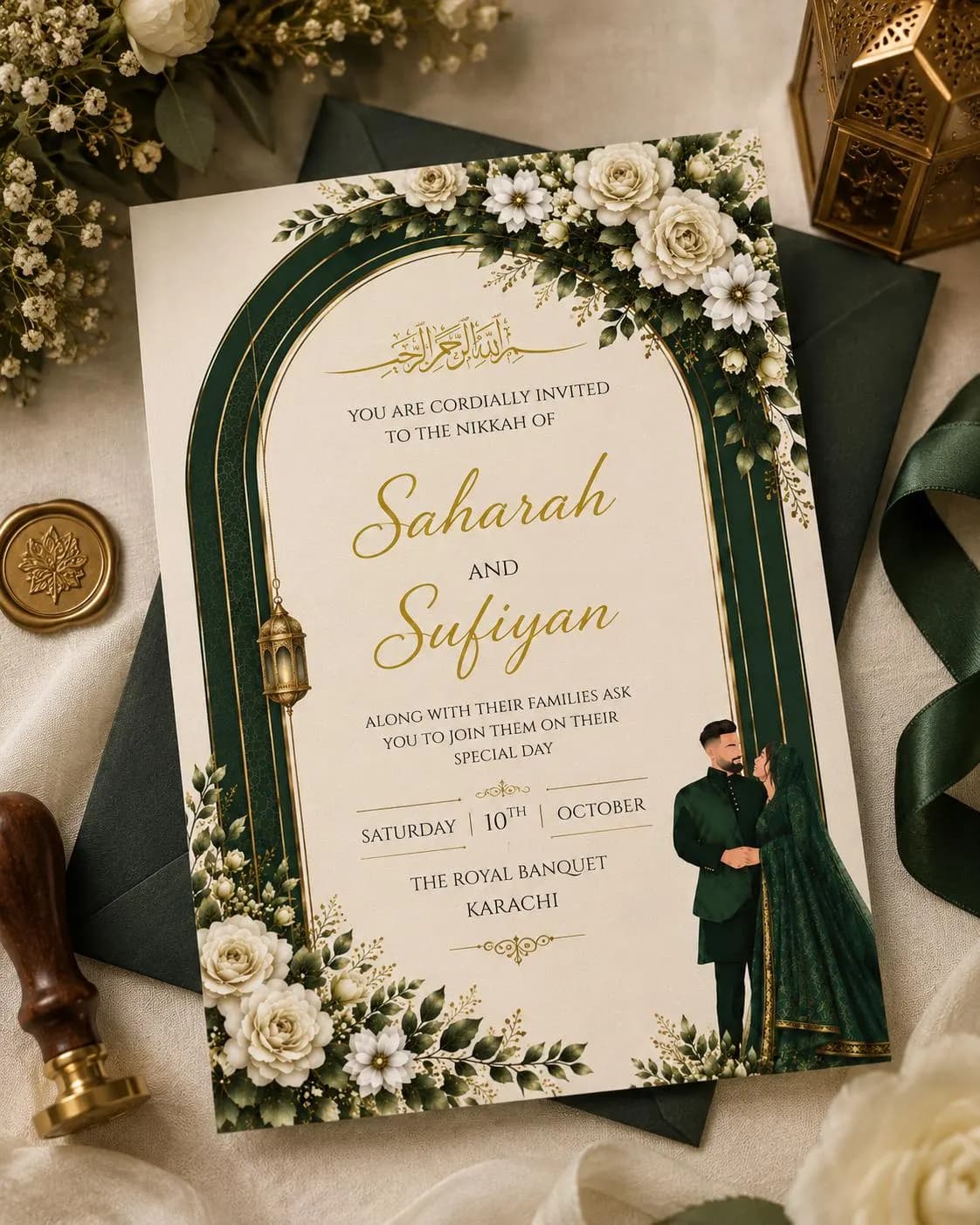 Emerald Green Nikkah Invitation Template, Islamic Arch, White Floral, Gold Calligraphy - image 3