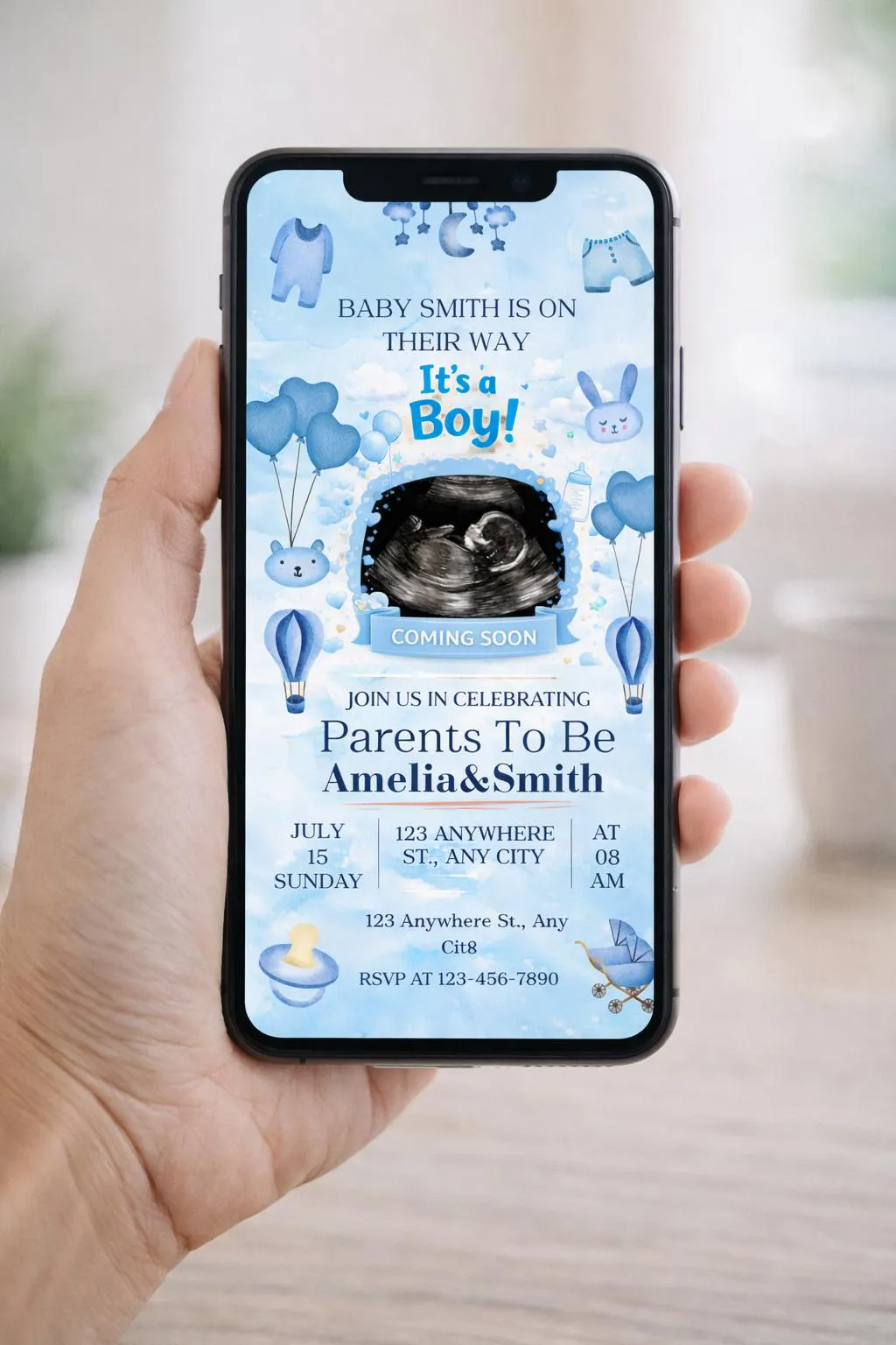 Baby Boy Shower Invitation, Blue Watercolor Design, Editable Canva Template (Instant Download) - image 5