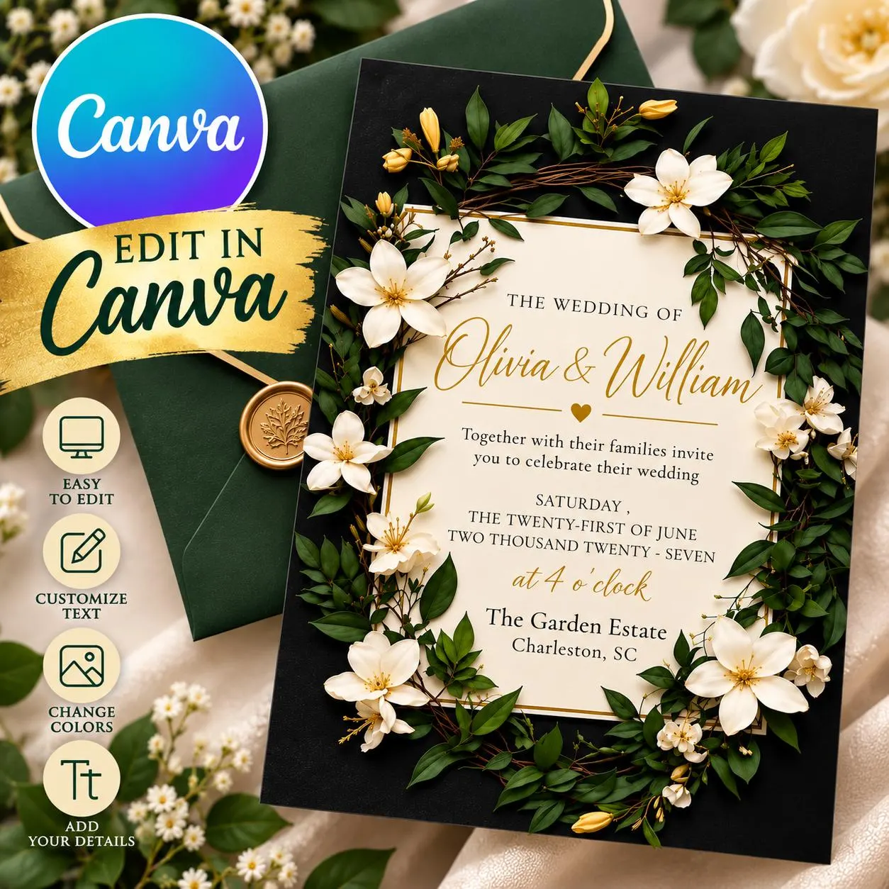 Handmade Floral Wedding Invitation Template, Editable Canva Printable