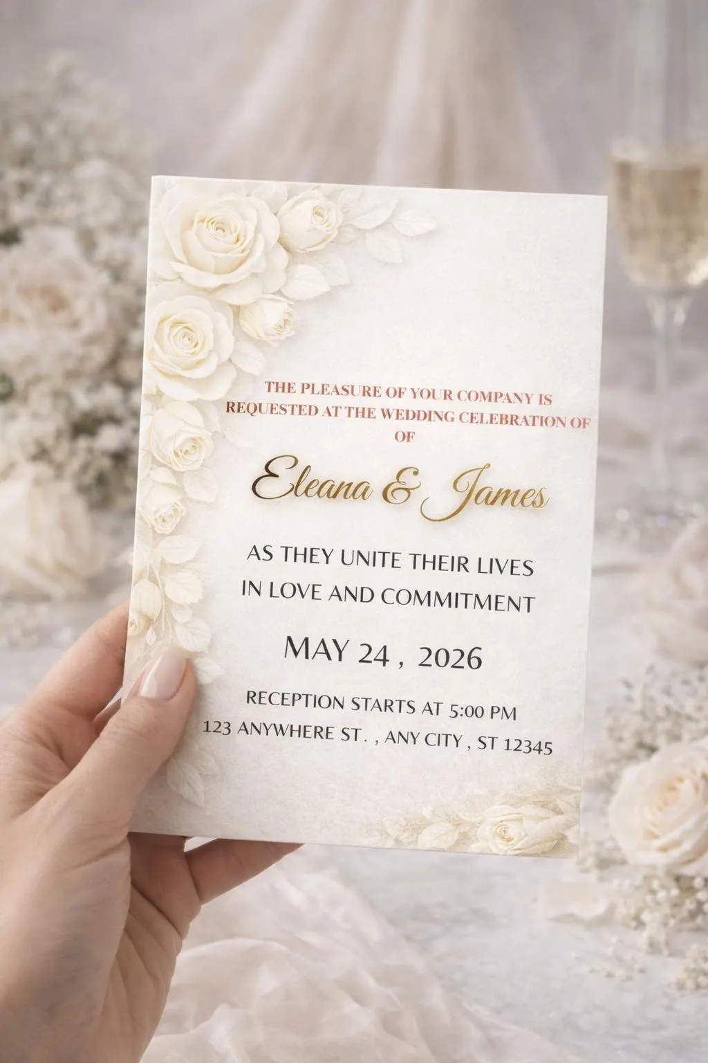 White Rose Wedding Invitation Template, Elegant Floral Invite (Digital Download) - image 5