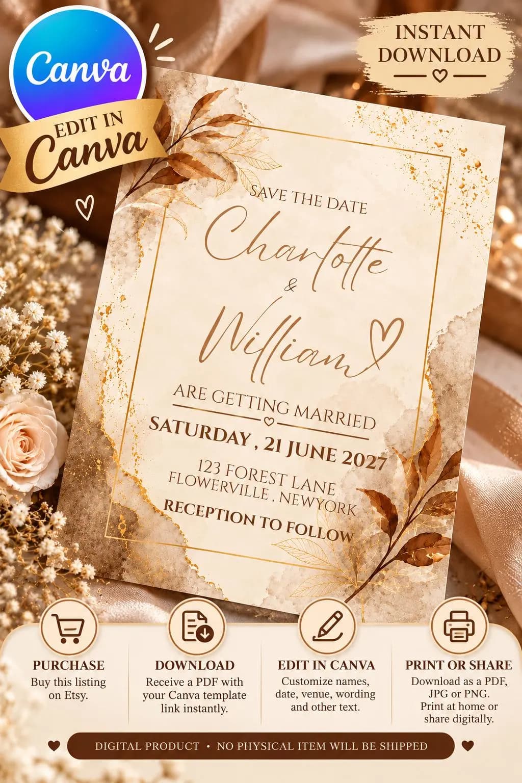 Save the Date Template, Editable Wedding Invitation, Canva Digital Download