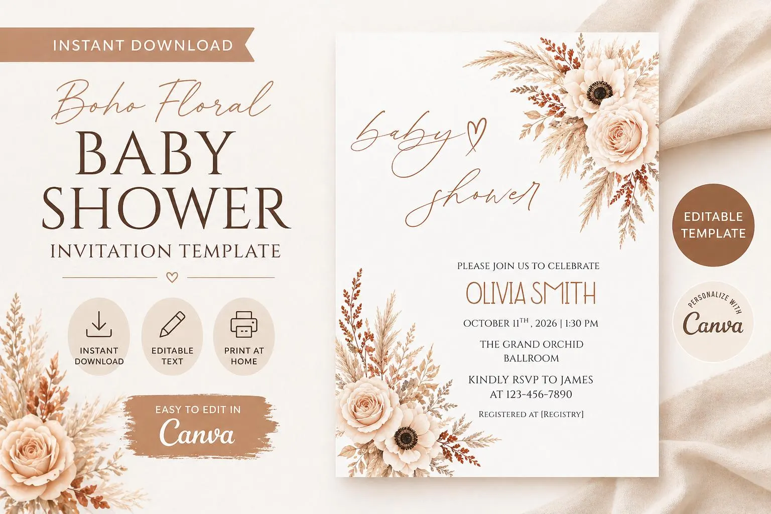 Boho Floral Baby Shower Invitation Template, Neutral Editable Canva Invite (Digital Download)