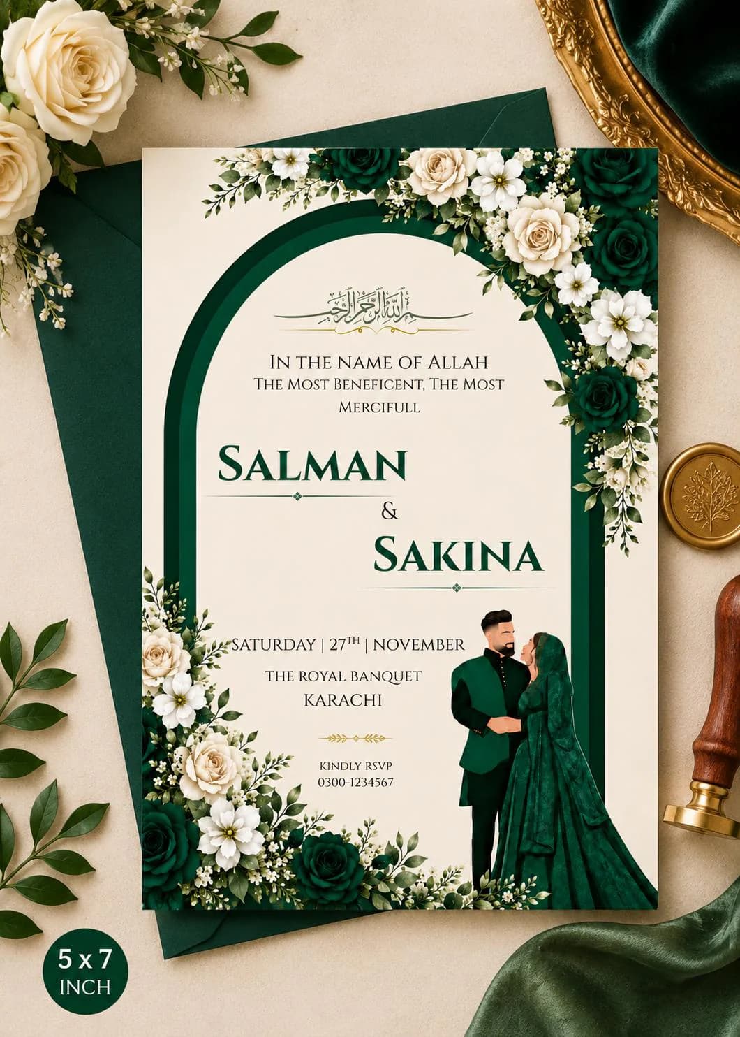 Islamic Wedding Invitation, Emerald Green Floral Nikkah Card, Muslim Couple (Digital Download)