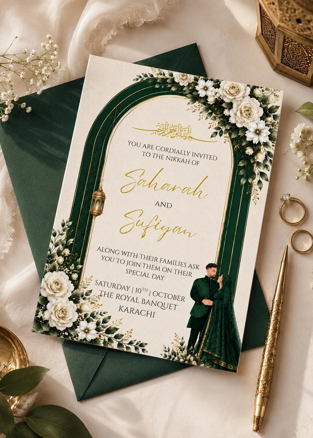 Emerald Green Nikkah Invitation Template, Islamic Arch, White Floral, Gold Calligraphy