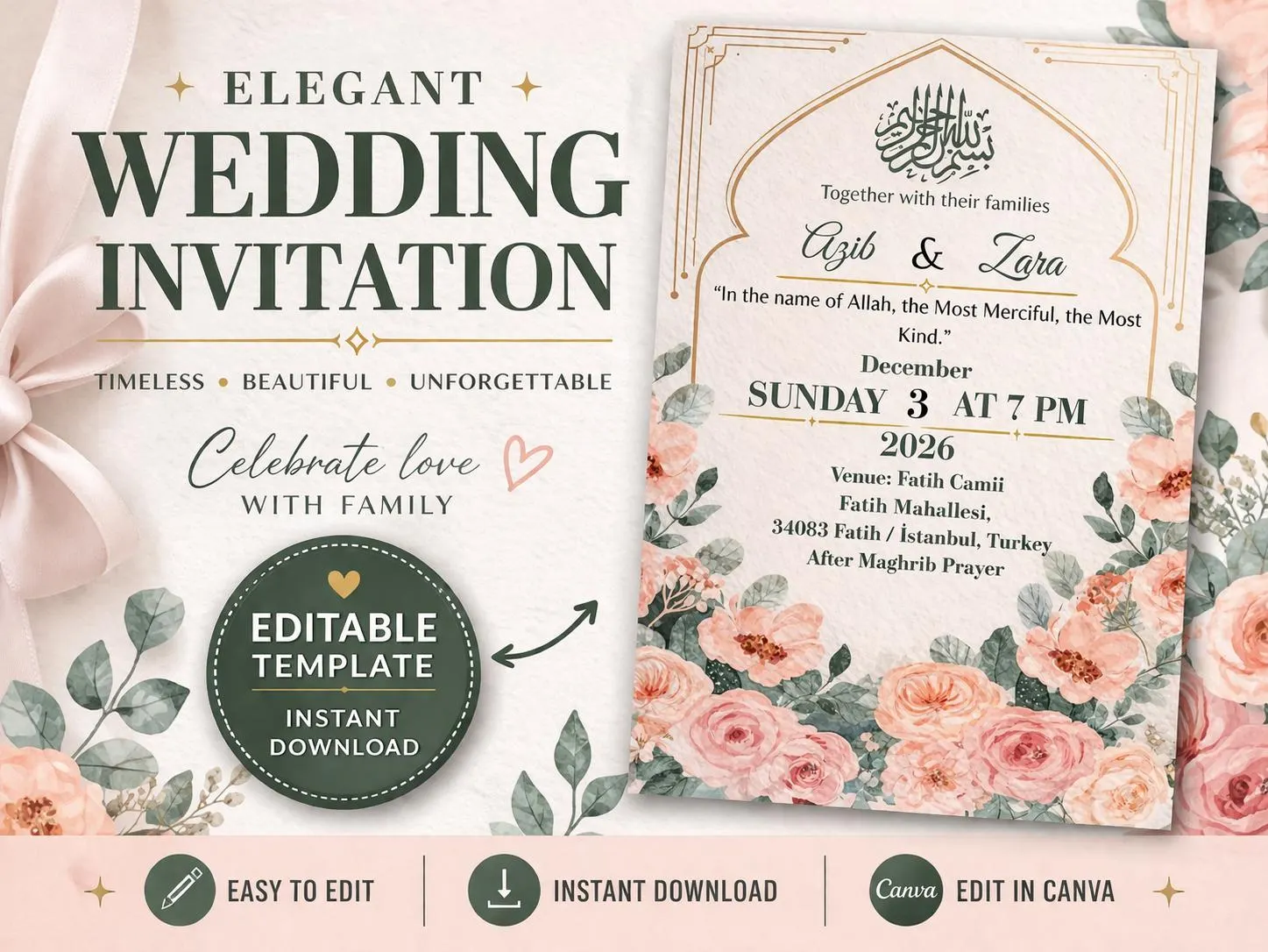 Floral Islamic Nikah Invitation Template, Bismillah Wedding Card, Editable Canva Muslim Invite (Instant Download)