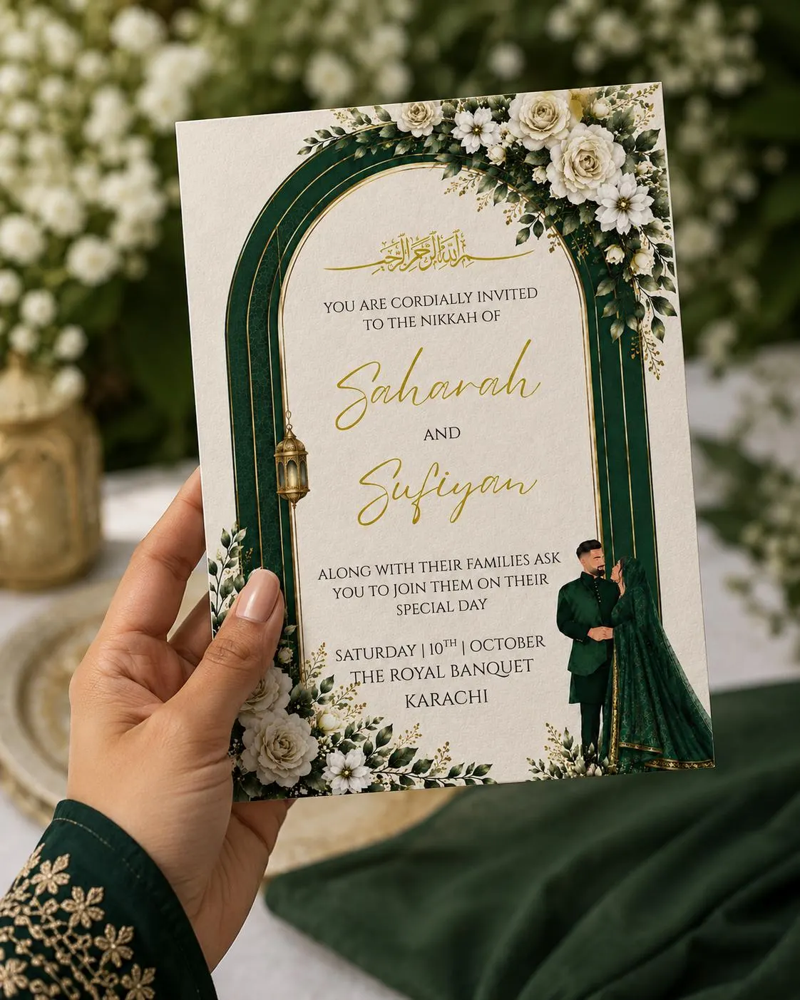 Emerald Green Nikkah Invitation Template, Islamic Arch, White Floral, Gold Calligraphy - image 4