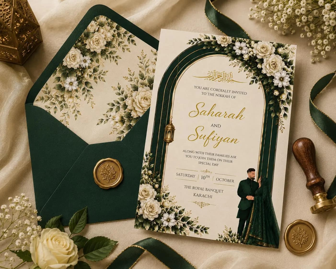Emerald Green Nikkah Invitation Template, Islamic Arch, White Floral, Gold Calligraphy - image 5