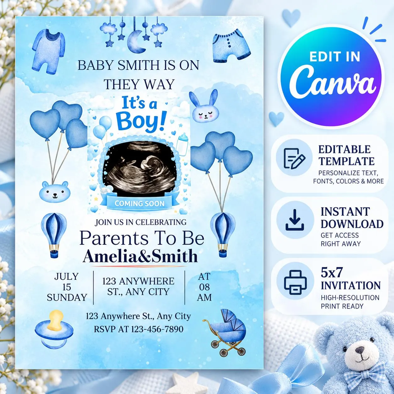 Baby Boy Shower Invitation, Blue Watercolor Design, Editable Canva Template (Instant Download)