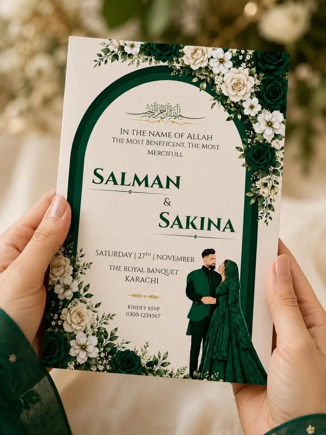 Islamic Wedding Invitation, Emerald Green Floral Nikkah Card, Muslim Couple (Digital Download) - image 4