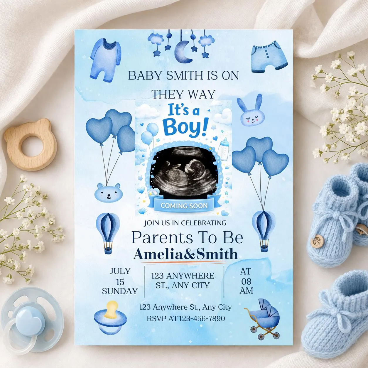 Baby Boy Shower Invitation, Blue Watercolor Design, Editable Canva Template (Instant Download) - image 3