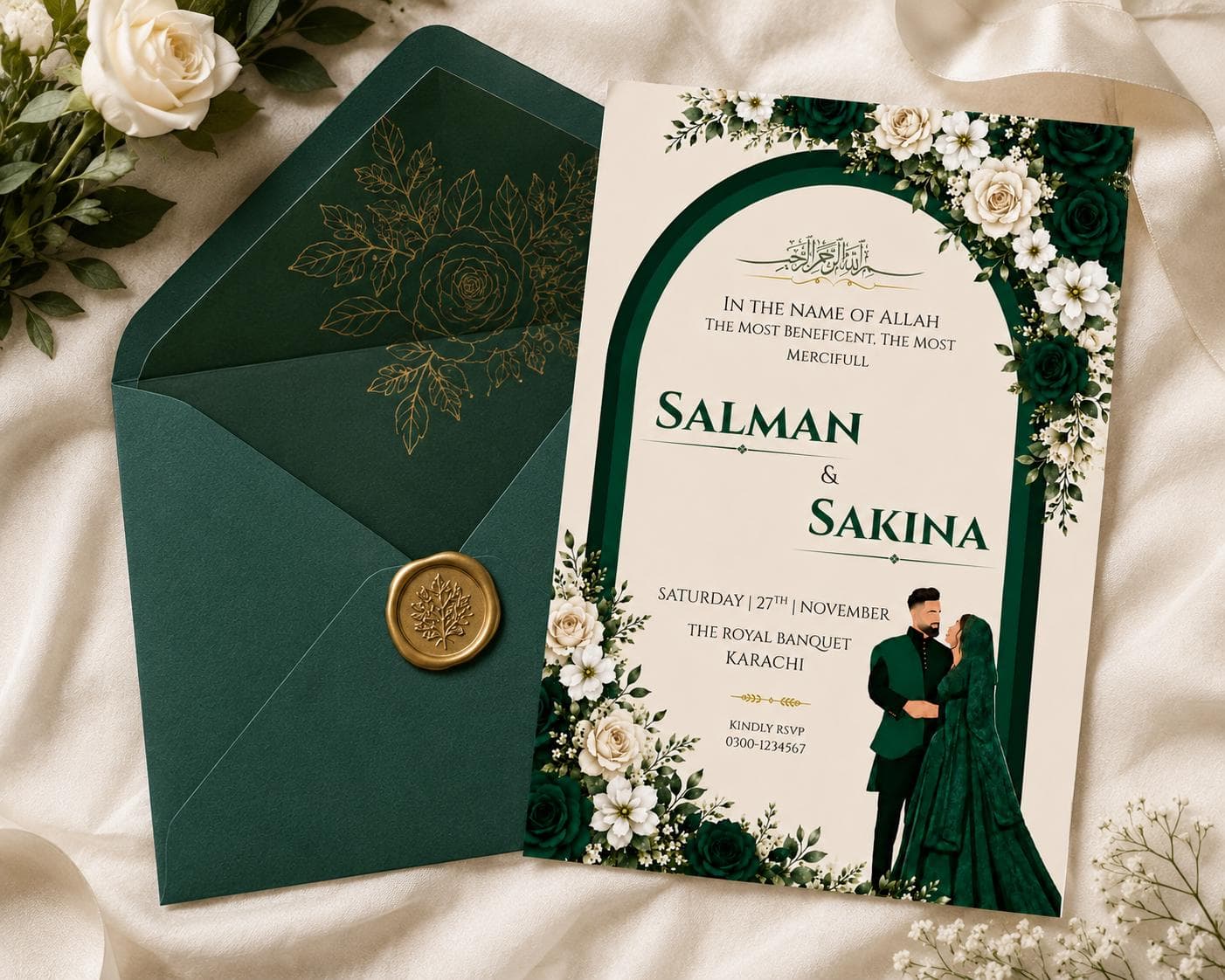 Islamic Wedding Invitation, Emerald Green Floral Nikkah Card, Muslim Couple (Digital Download) - image 3