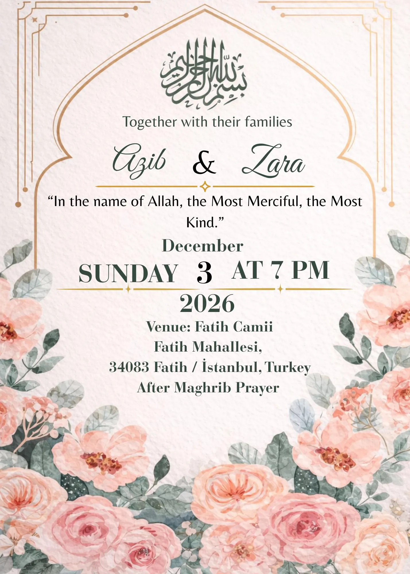Floral Islamic Nikah Invitation Template, Bismillah Wedding Card, Editable Canva Muslim Invite (Instant Download) - image 4