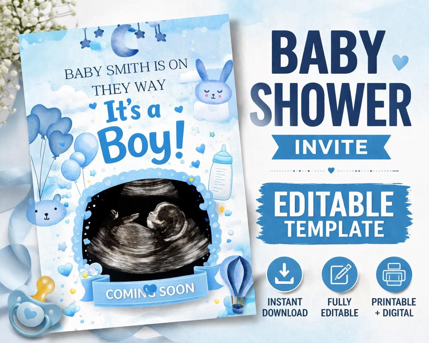 Baby Boy Shower Invitation, Blue Watercolor Design, Editable Canva Template (Instant Download) - image 2