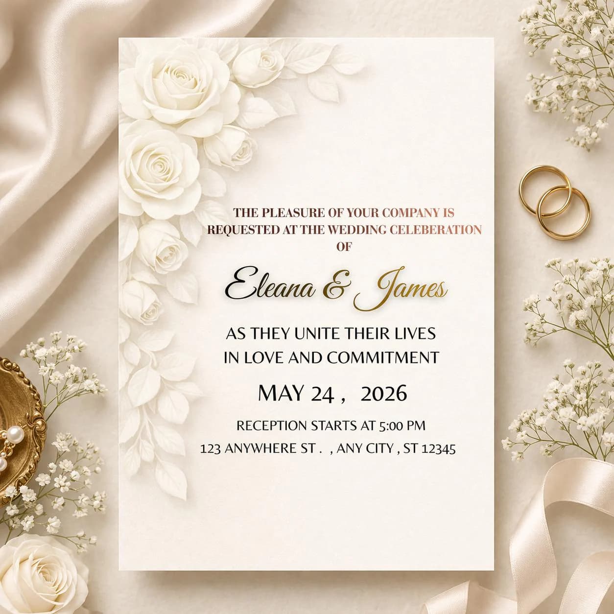 White Rose Wedding Invitation Template, Elegant Floral Invite (Digital Download) - image 3