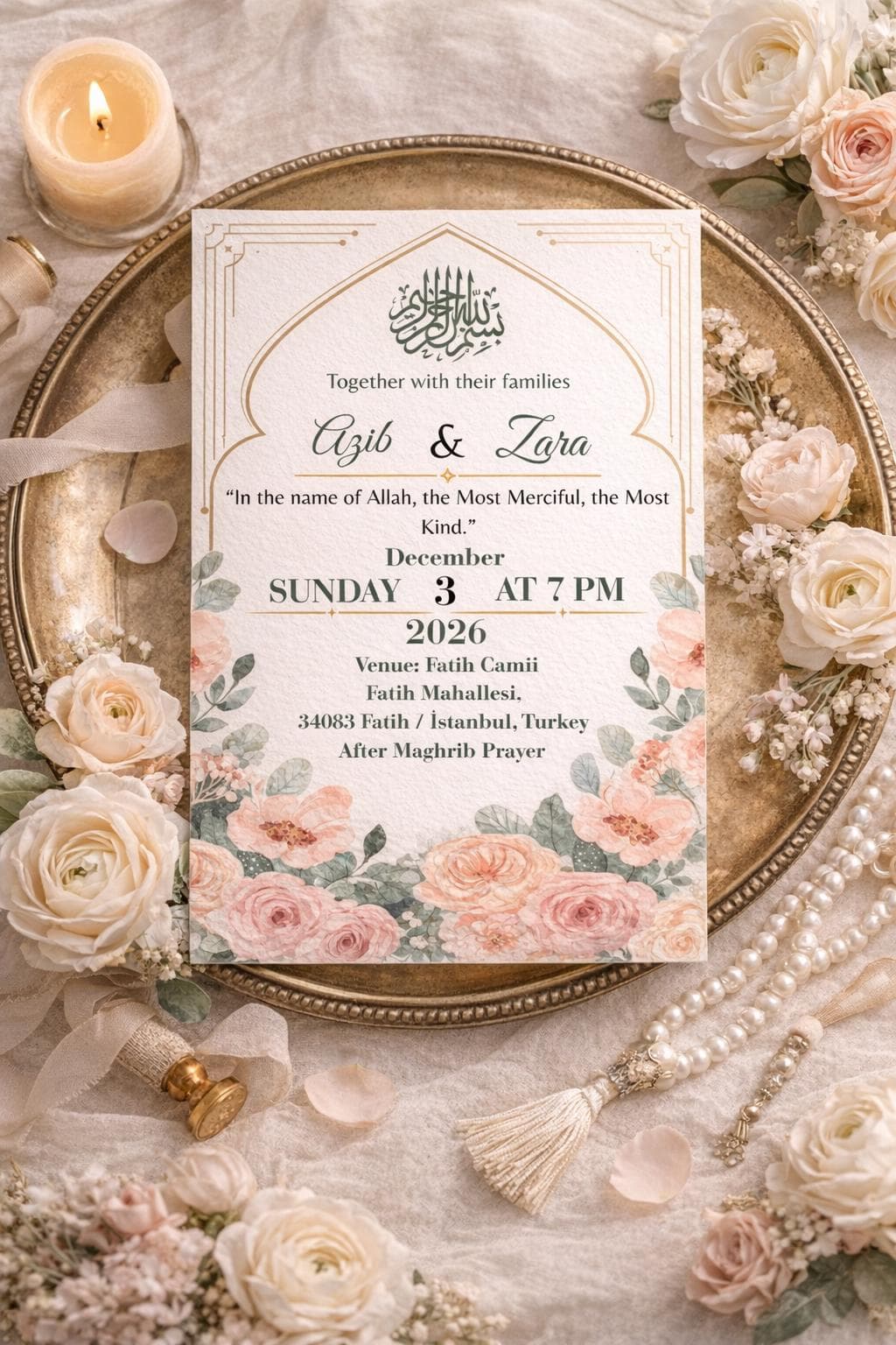 Floral Islamic Nikah Invitation Template, Bismillah Wedding Card, Editable Canva Muslim Invite (Instant Download) - image 5