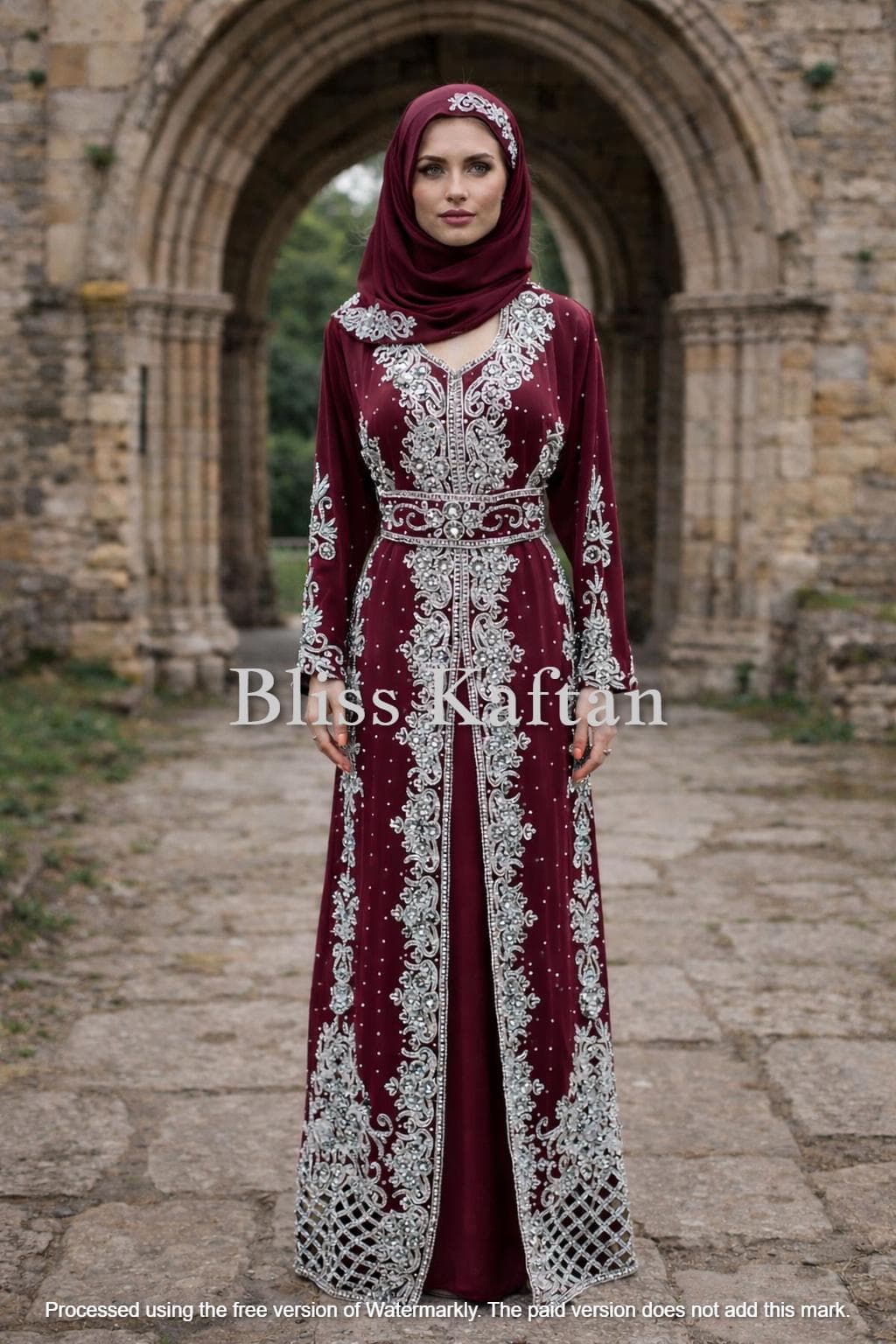 Beaded Georgette Kaftan Dress – Formal Evening Modest Wear, Arabic Gown