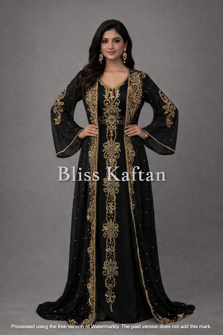 Luxury Black Kaftan Wedding Dress, Gold Embellished Abaya, Modest Bridal Gown