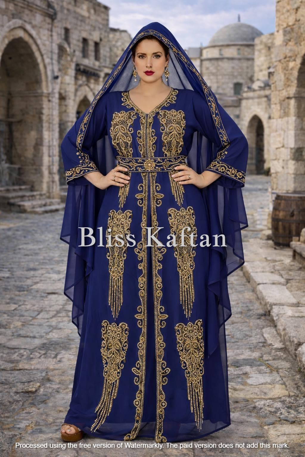 Embellished Georgette Kaftan Dress, Arabic Style Evening Gown, Beaded Hijab Included - image 4