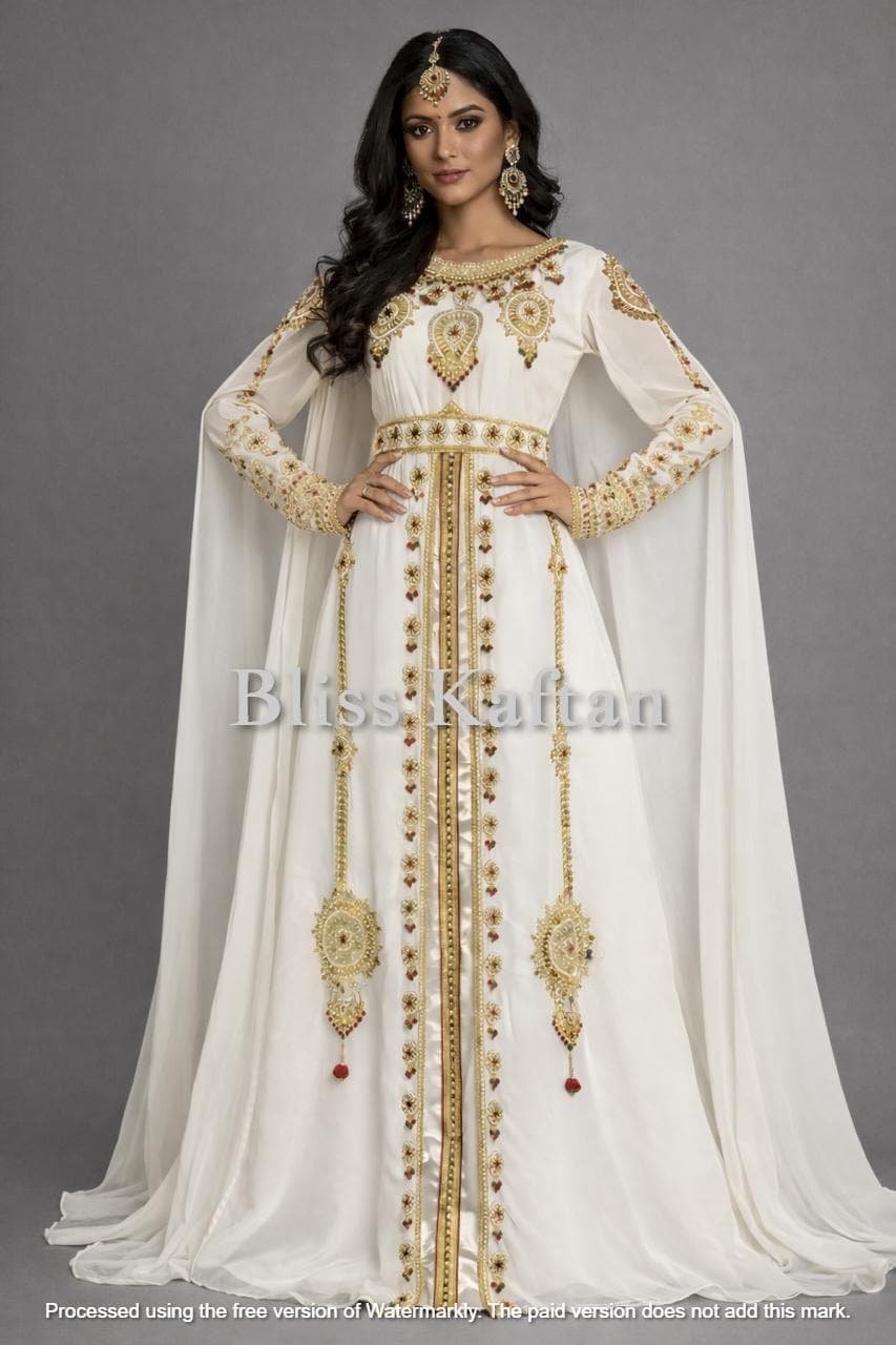 Moroccan Beaded Kaftan Maxi Dress with Hijab – Georgette Party Wear Gown