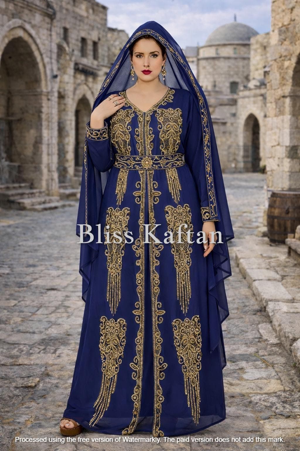 Embellished Georgette Kaftan Dress, Arabic Style Evening Gown, Beaded Hijab Included - image 3