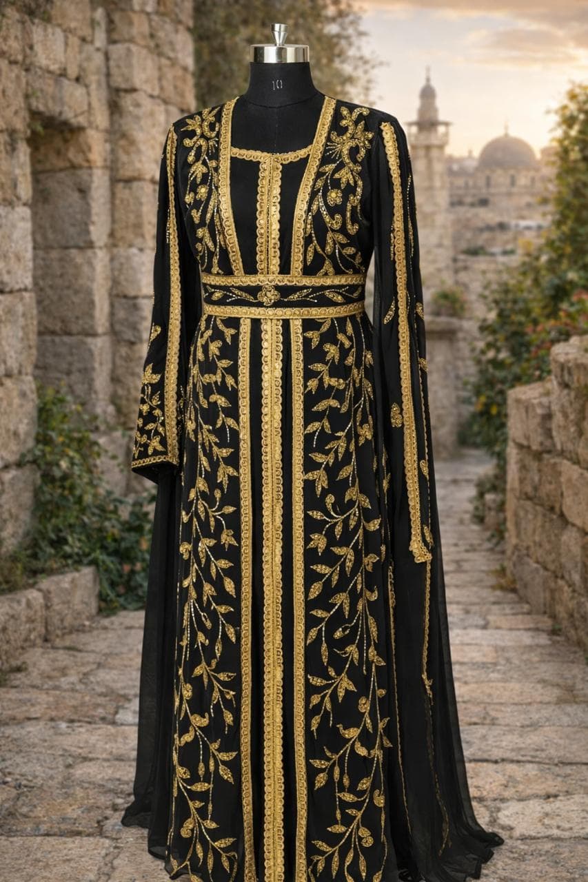 Elegant Black Moroccan Kaftan Abaya Dress With Gold Floral Embroidery - Modest Islamic Fashion - image 4