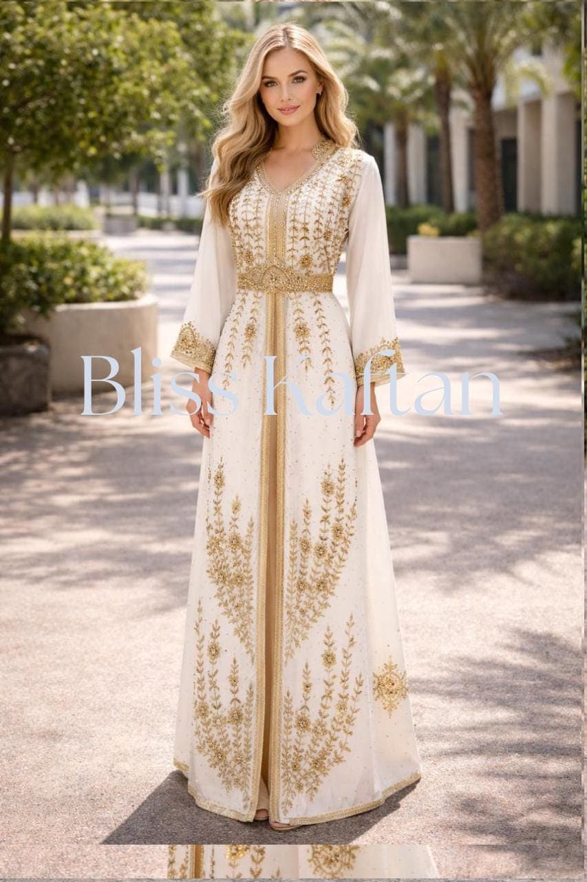 Handmade Beaded Kaftan Dress, Luxury Georgette Dubai Style