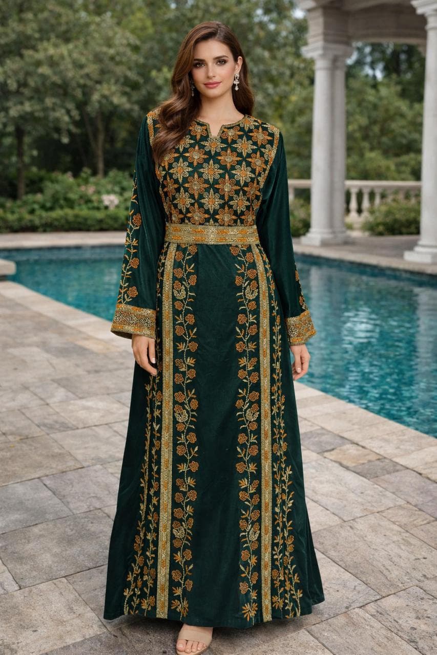 Elegant Green Moroccan Kaftan Abaya Dress With Gold Floral Embroidery - Modest Islamic Fashion - image 5