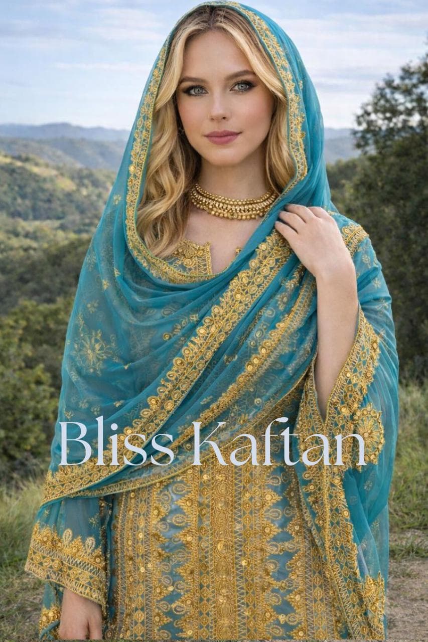 Hand Embellished Georgette Kaftan Dress, Crystal Detail, Matching Beaded Hijab - image 4