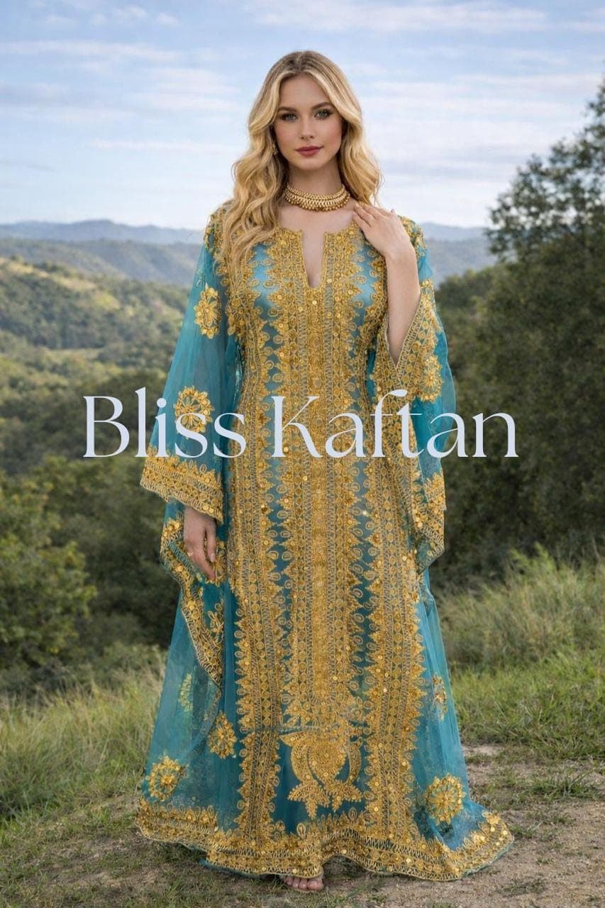 Hand Embellished Georgette Kaftan Dress, Crystal Detail, Matching Beaded Hijab - image 5