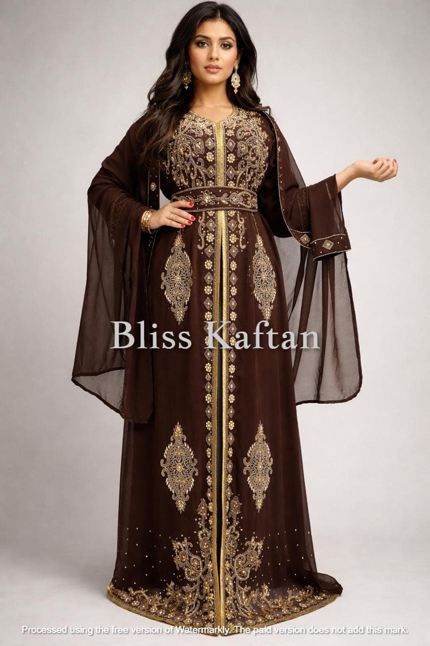 Embroidered Georgette Kaftan Dress, Gold Beaded Abaya, Modest Islamic Gown