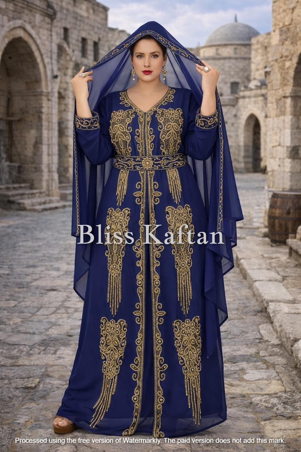 Embellished Georgette Kaftan Dress, Arabic Style Evening Gown, Beaded Hijab Included