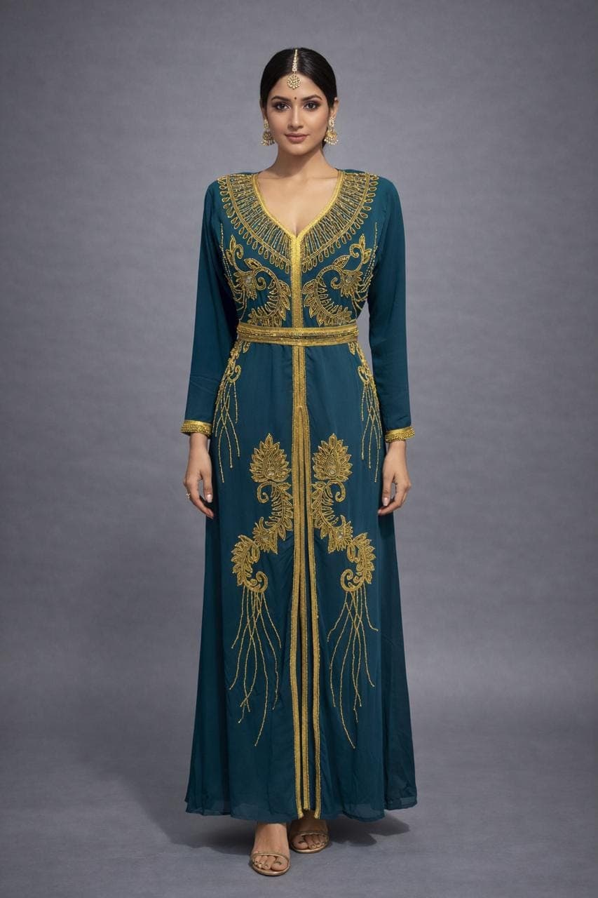 Embellished Georgette Kaftan Dress | Islamic Abaya with Worked Hijab - image 3