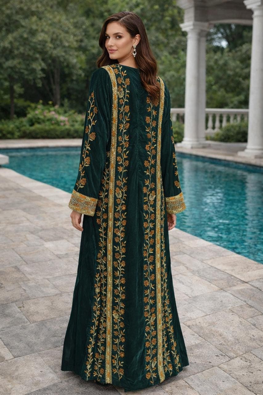 Elegant Green Moroccan Kaftan Abaya Dress With Gold Floral Embroidery - Modest Islamic Fashion - image 4