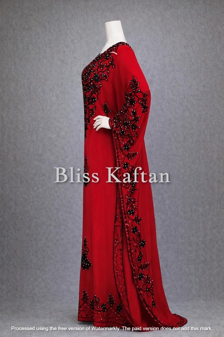 Red Beaded Moroccan Kaftan – Loose Fit Georgette Party Dress, Evening Wear - image 5