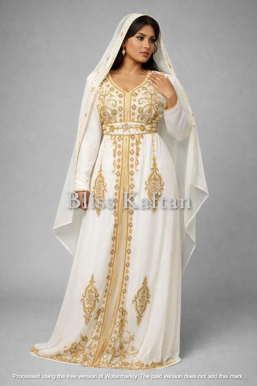 Embroidered Georgette Kaftan Dress, Gold Beaded Abaya, Modest Islamic Gown - image 5