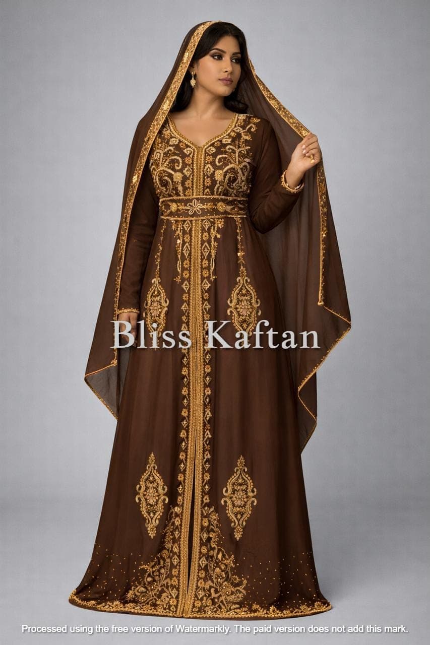 Embroidered Georgette Kaftan Dress, Gold Beaded Abaya, Modest Islamic Gown - image 3