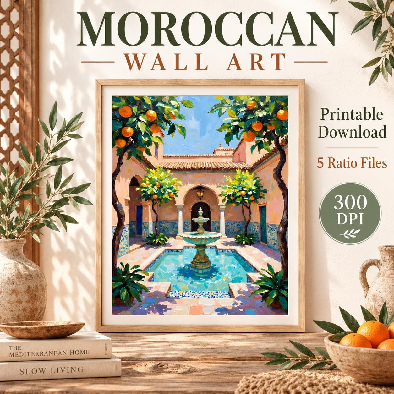 Moroccan Courtyard Wall Art Printable, Marrakech Riad Fountain Painting, Moroccan Decor, Impasto Art Print, Digital Download