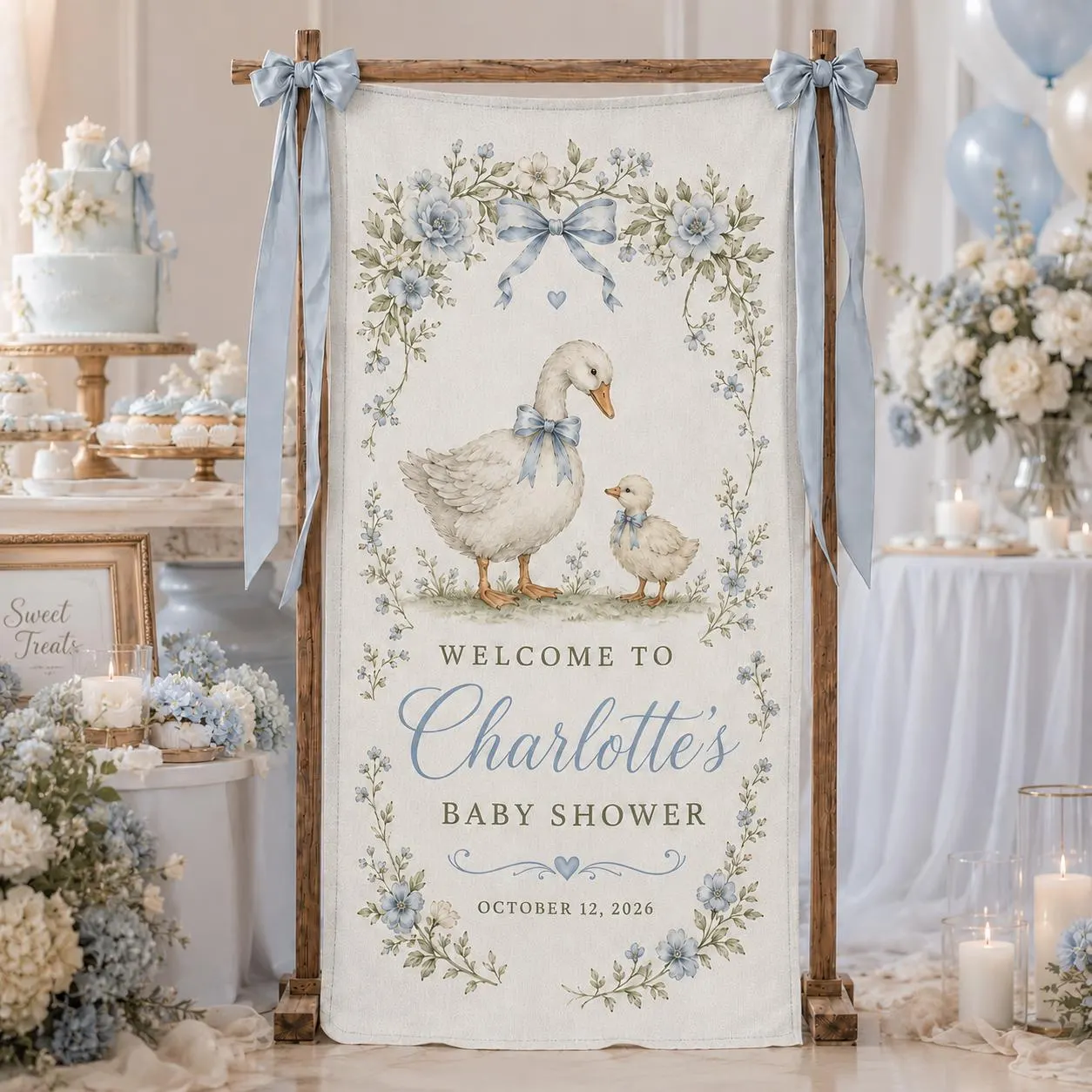 Personalized Goose Baby Shower Welcome Banner, Custom Blue Floral Bow Backdrop, Vintage Duckling Party Sign for Baby Boy Celebration - image 5