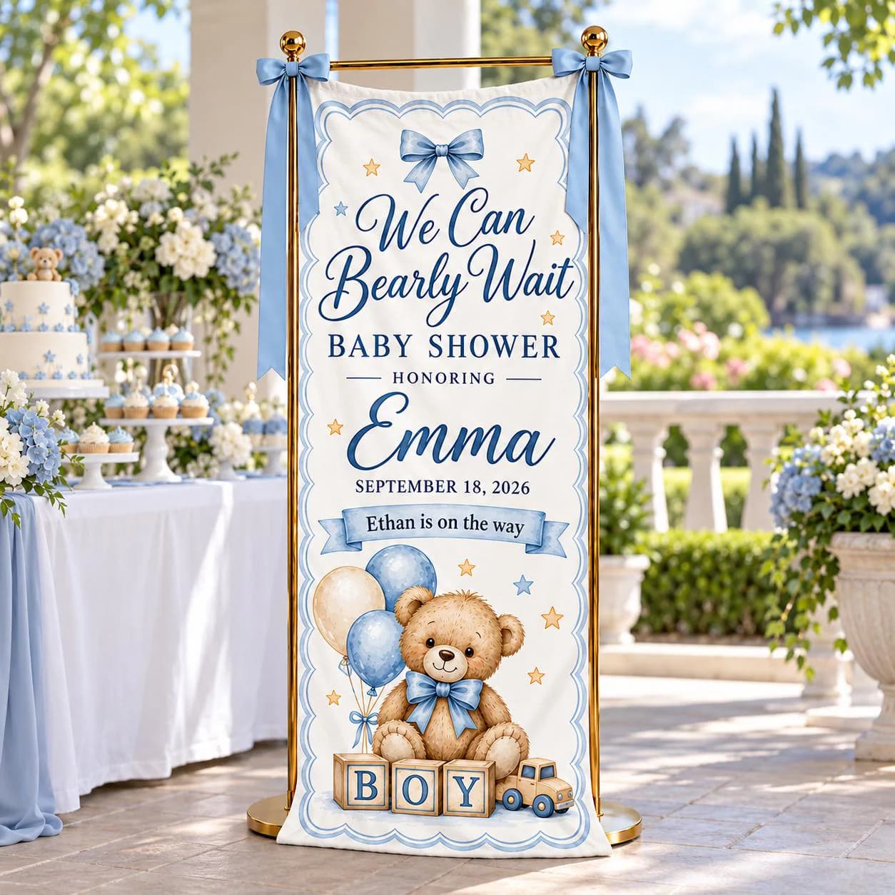 Personalized Baby Shower Banner, We Can Bearly Wait, Blue Teddy Bear Welcome Sign, Boy Celebration Decor, Balloon Bow Fabric Backdrop - image 4