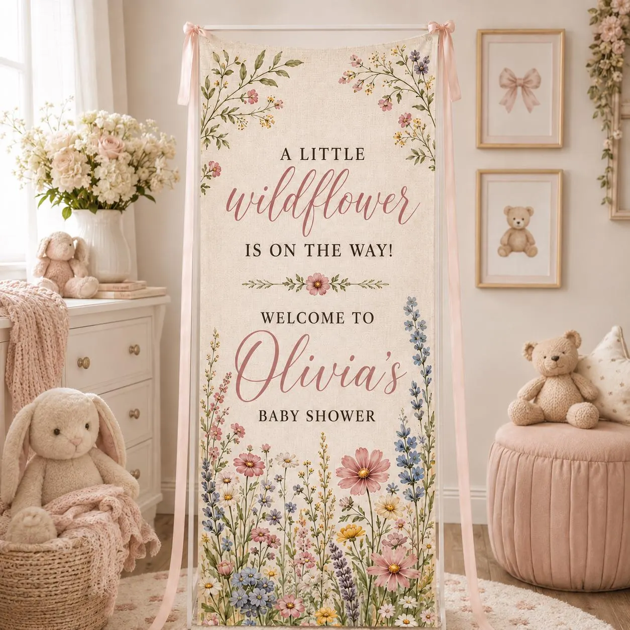 Personalized Wildflower Baby Shower Banner, Floral Welcome Sign, Boho Girl Party Backdrop, Custom Name Decor, Garden Celebration - image 3
