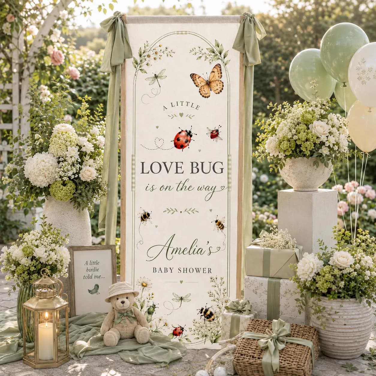 Personalized A Little Love Bug Baby Shower Banner, Lovebug Theme Welcome Sign, Ladybug Garden Fabric Backdrop, Rustic Party Decor
