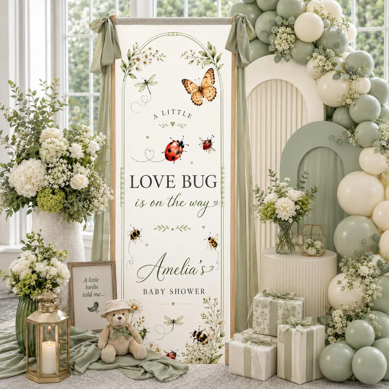 Personalized A Little Love Bug Baby Shower Banner, Lovebug Theme Welcome Sign, Ladybug Garden Fabric Backdrop, Rustic Party Decor - image 4