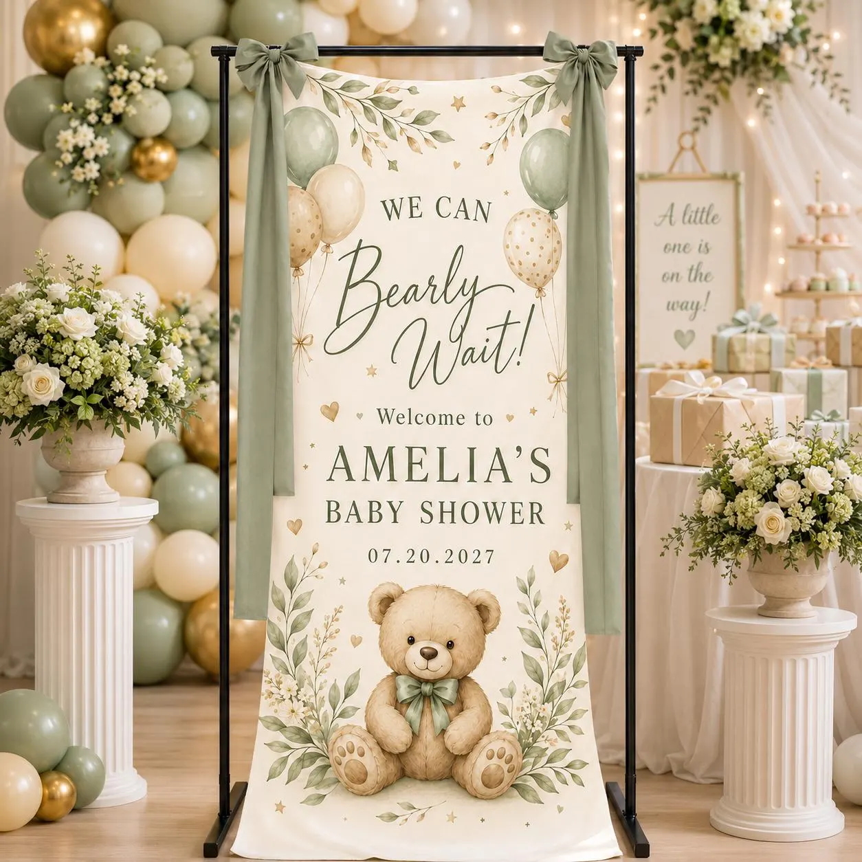 Personalized Baby Shower Backdrop, Teddy Bear Welcome Sign, Beary Wait Theme, Sage Green Floral Decor, Custom Celebration Banner - image 5
