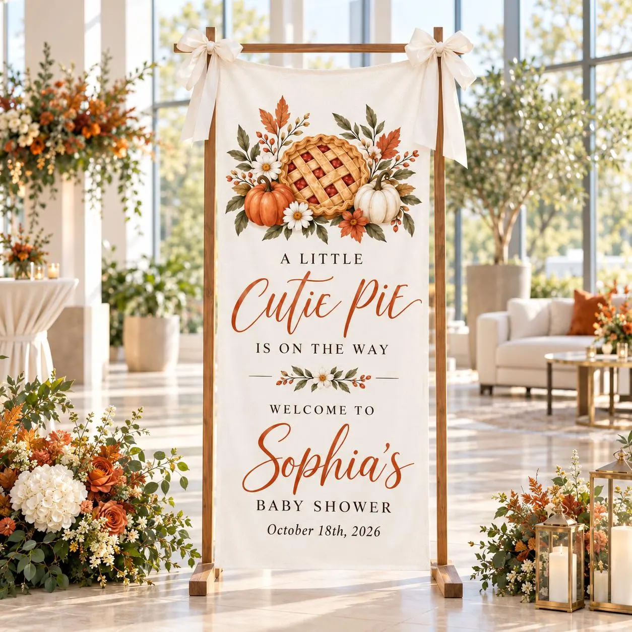 Personalized Cutie Pie Baby Shower Banner, Autumn Pumpkin Welcome Sign, Fall Floral Backdrop, Sweet Pie Party Linen Tapestry - image 4