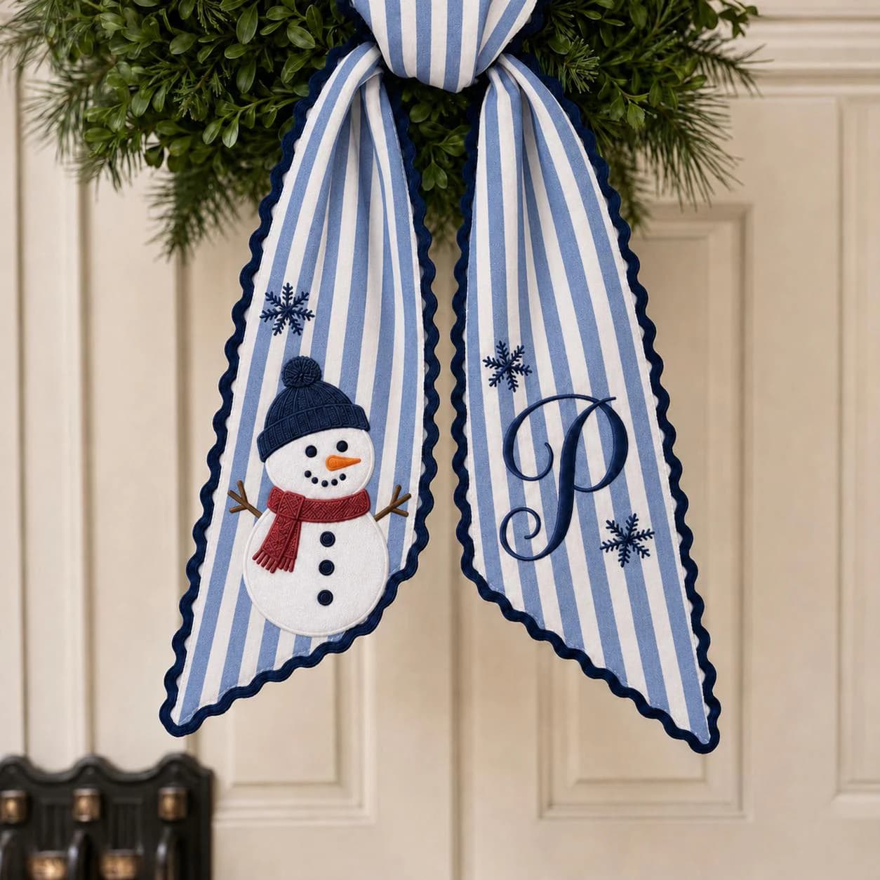 Personalized Snowman Embroidered Wreath Sash, Blue Stripe Christmas Door Decor, Monogram Winter Holiday Bow, Custom Initial Gift - image 3