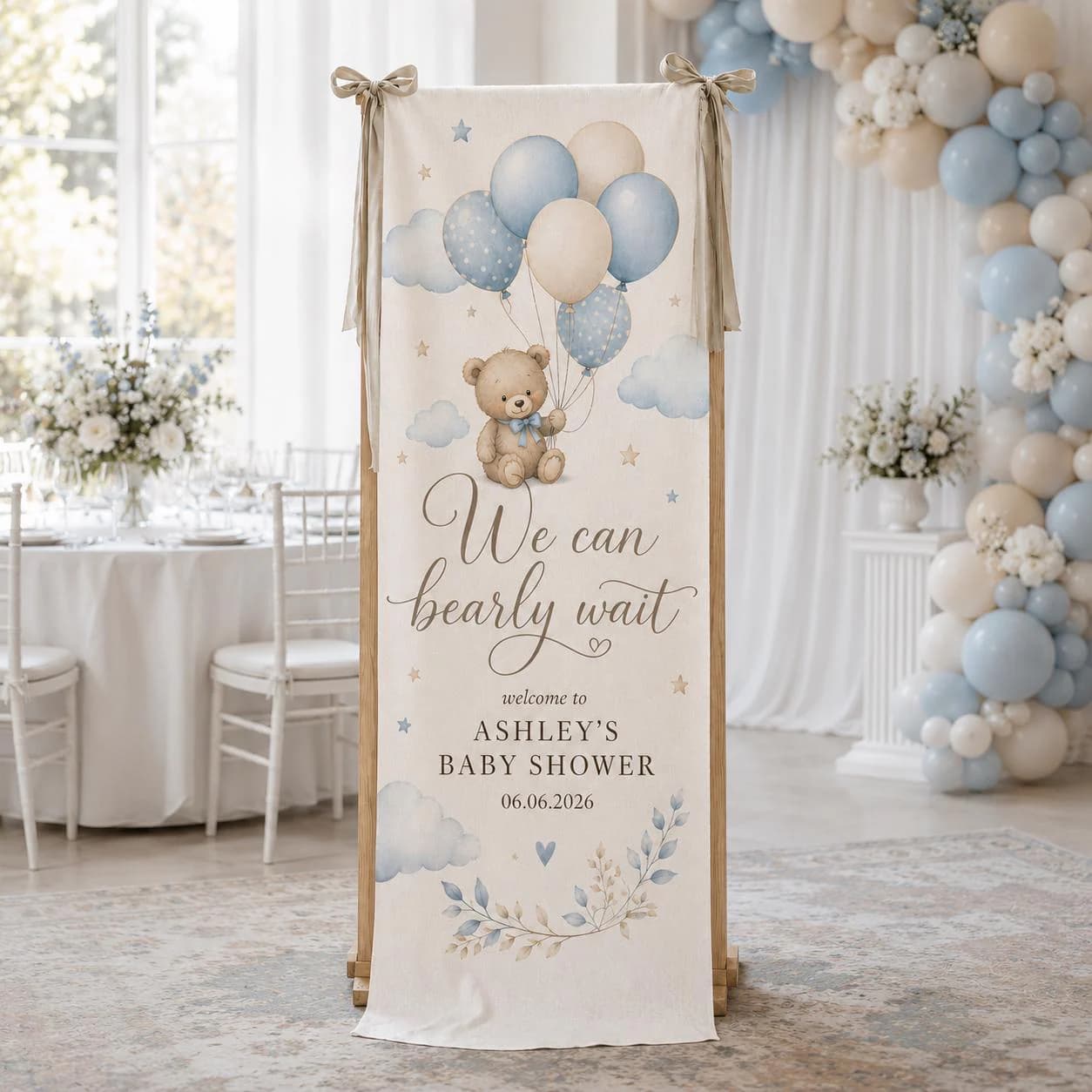 Personalized Teddy Bear Baby Shower Banner, We Can Bearly Wait Welcome Sign, Blue Balloon Boy Shower Decor, Custom Name and Date Backdrop