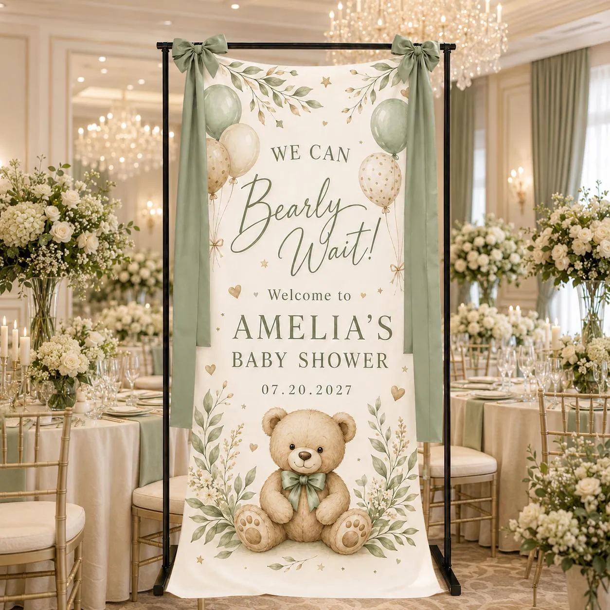 Personalized Baby Shower Backdrop, Teddy Bear Welcome Sign, Beary Wait Theme, Sage Green Floral Decor, Custom Celebration Banner