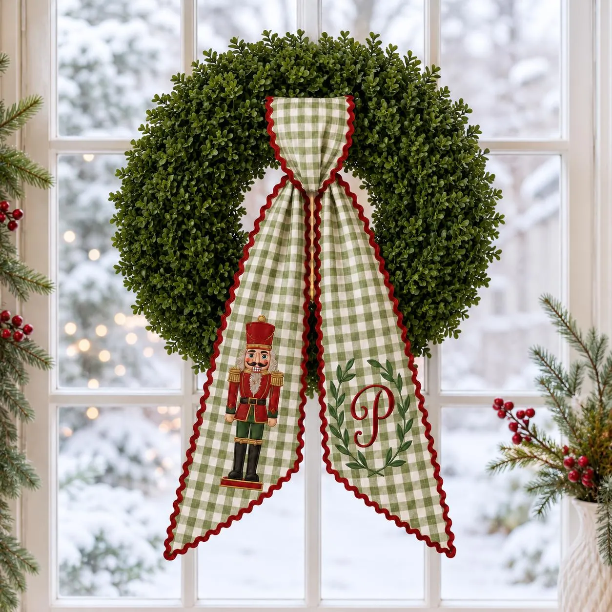 Personalized Christmas Wreath Sash, Embroidered Nutcracker Monogram Bow, Green Gingham Holiday Door Decor, Custom Initial Winter Gift - image 4
