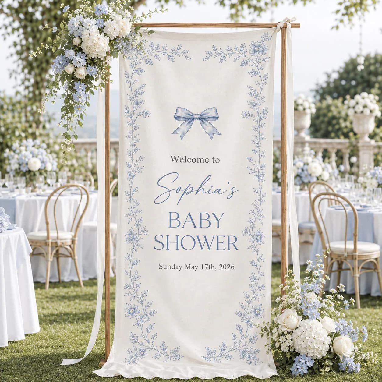 Personalized Blue Toile Baby Shower Banner, Custom Baby Welcome Sign with Name Date, Elegant Floral Bow Fabric Backdrop Decor